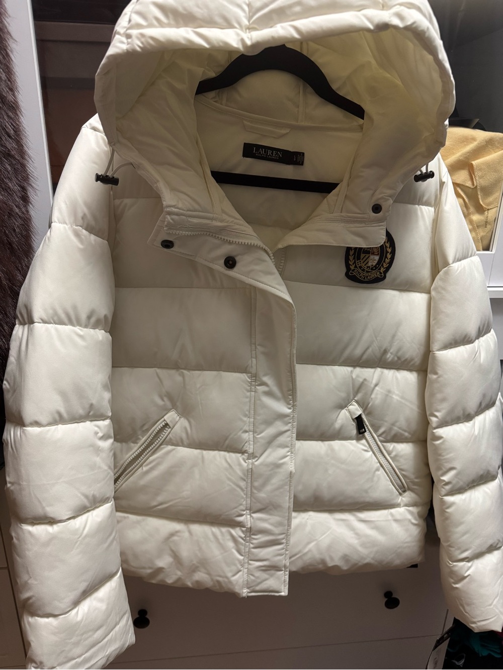 Ralph Lauren Cream Hooded Puffer Jacket with Crest Patch